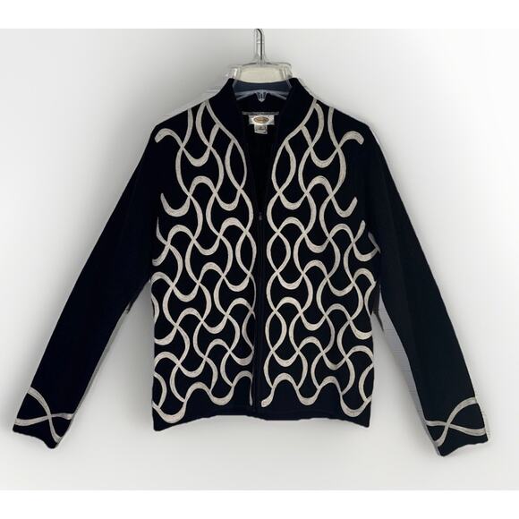 Talbots Wool Jacket XL Black Ivory Brading Full Zip Long Sleeve Womens - Picture 1 of 7